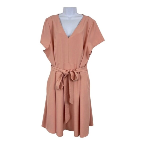 Lane Bryant Womens Size 24 Pink Peach V-Neck Belted Fit Flare Dress - Picture 1 of 3